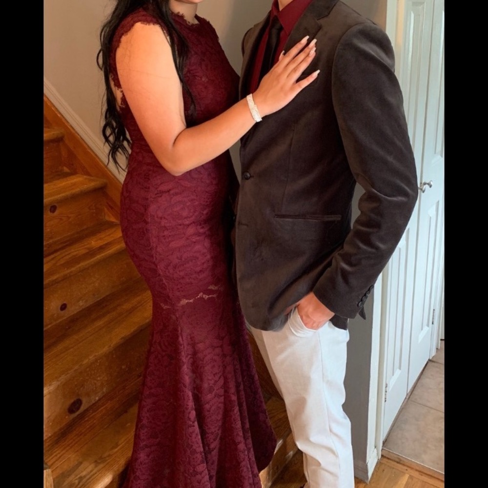 Burgundy lace prom dress